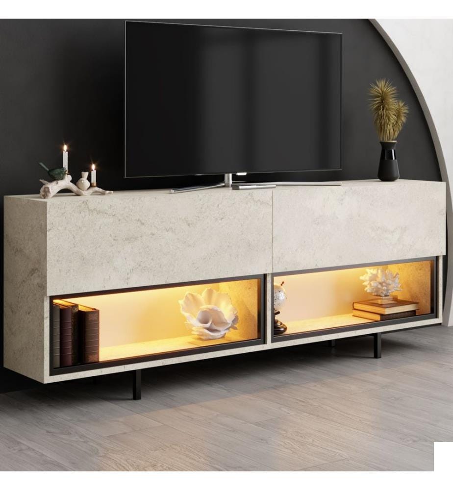 Meuble TV, panneau de particules 100 % mélaminé, travertin