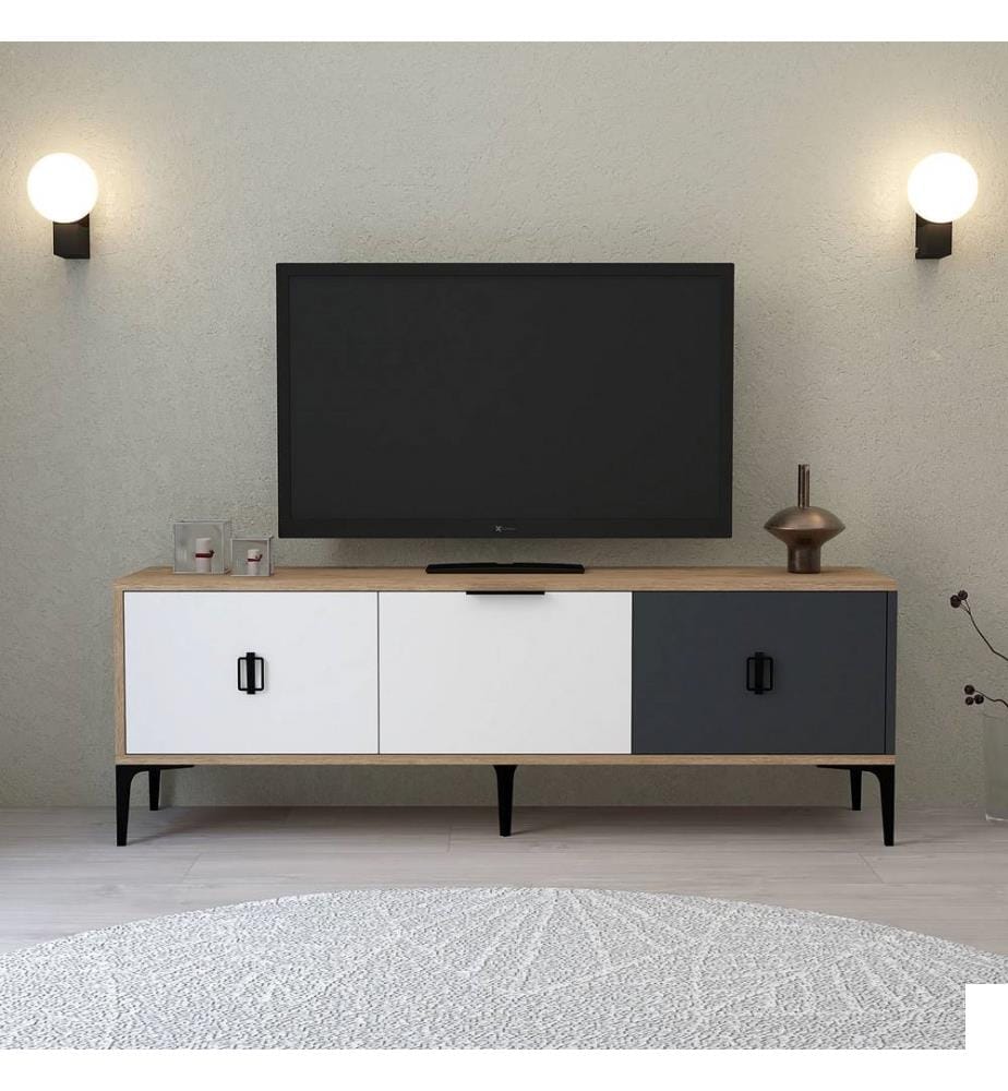 Meuble TV, panneaux de particules 100 % mélaminés, chêne, blanc, anthracite