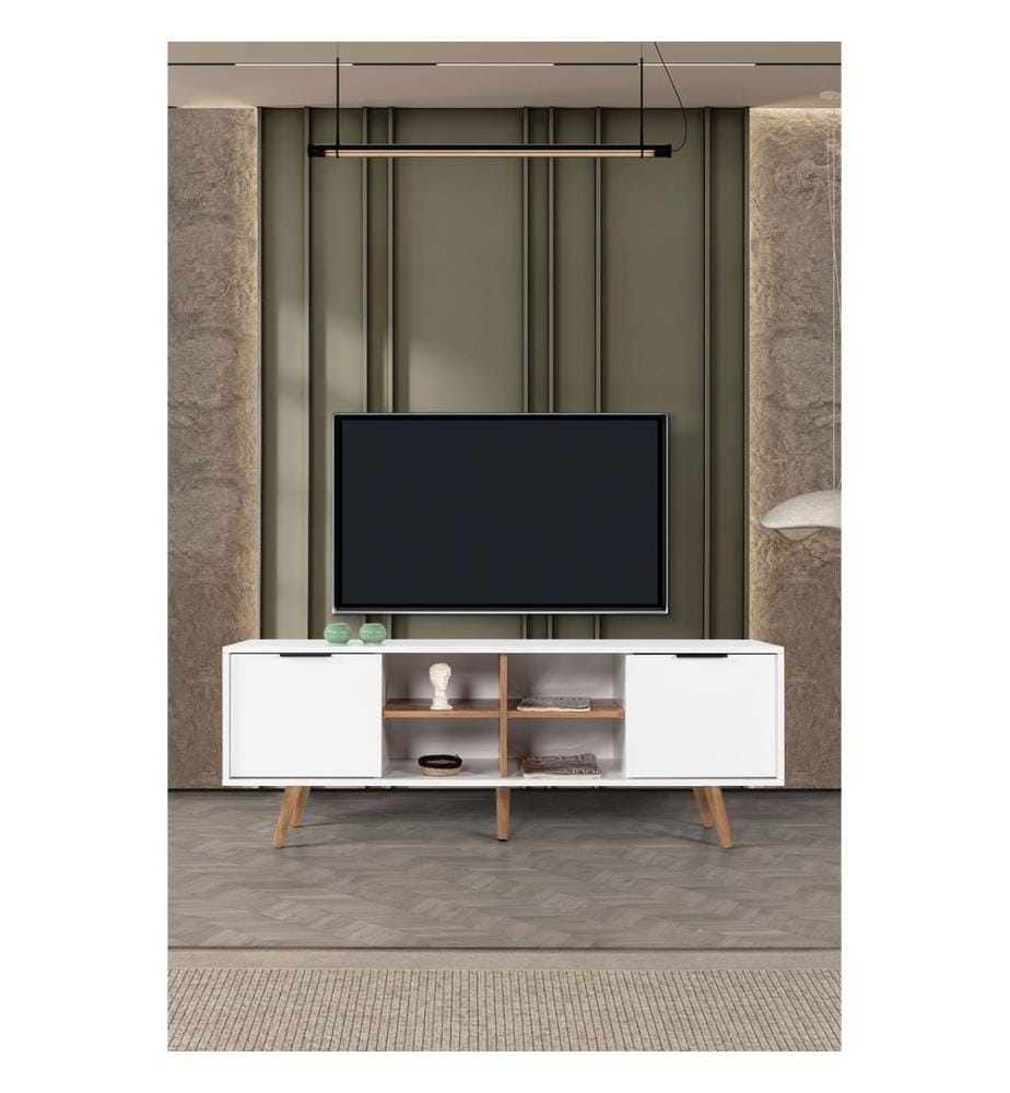 Meuble TV, panneaux de particules 100 % mélaminés, blanc, noyer