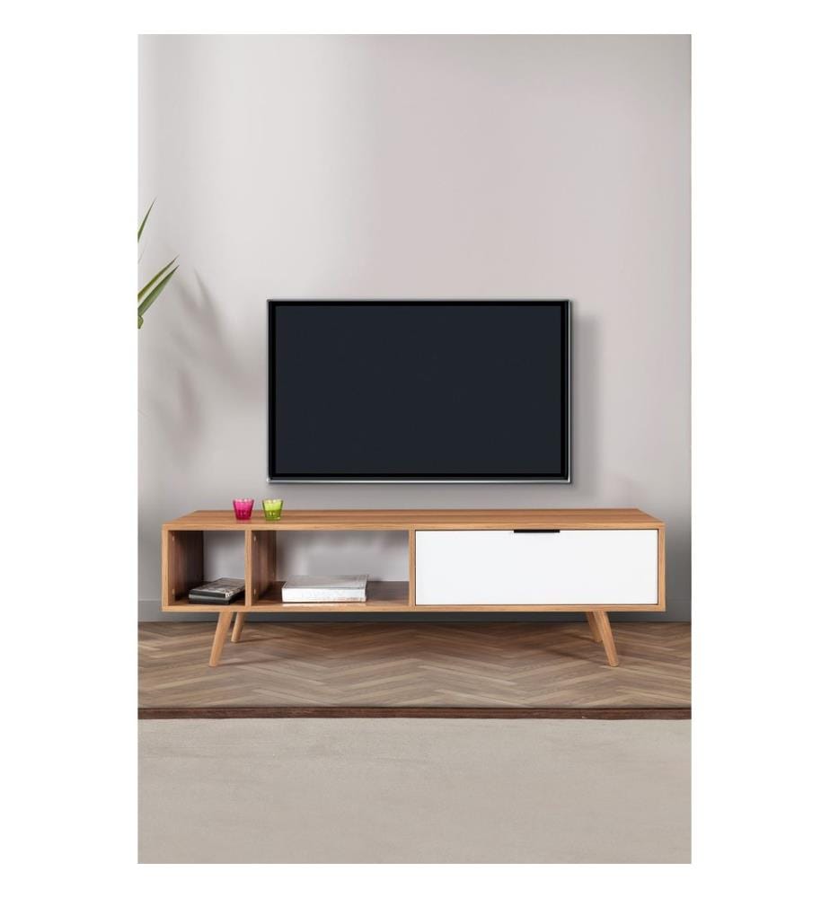Meuble TV, panneaux de particules 100 % mélaminés, noyer, blanc