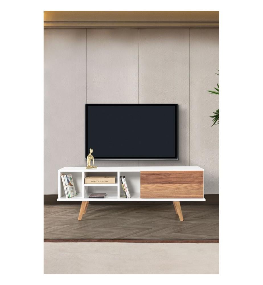 Meuble TV, panneaux de particules 100 % mélaminés, blanc, noyer