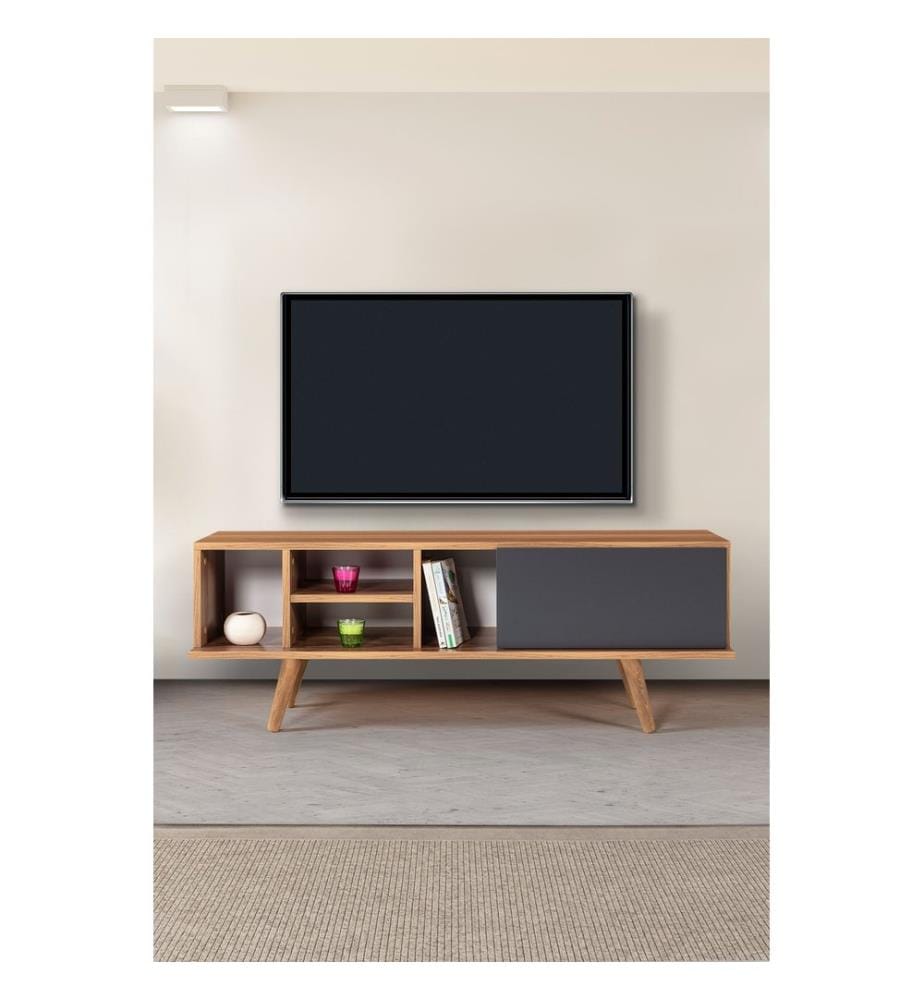 Meuble TV, panneau de particules 100 % mélaminé, noyer, anthracite