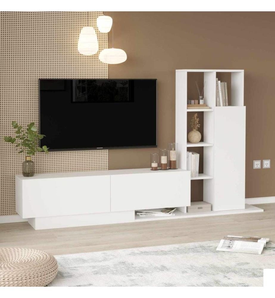 Meuble TV, panneau de particules 100 % mélaminé, blanc