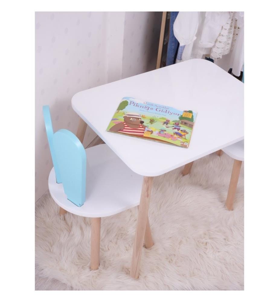Ensemble de table pour enfants, bleu ciel, blanc, 100 % MDF, pieds en bois de hêtre