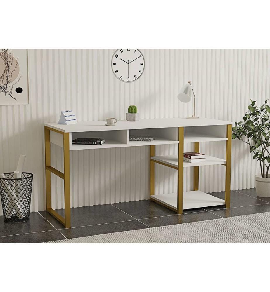 Bureau d'étude, blanc, or, panneau de particules mélaminé, pieds en métal