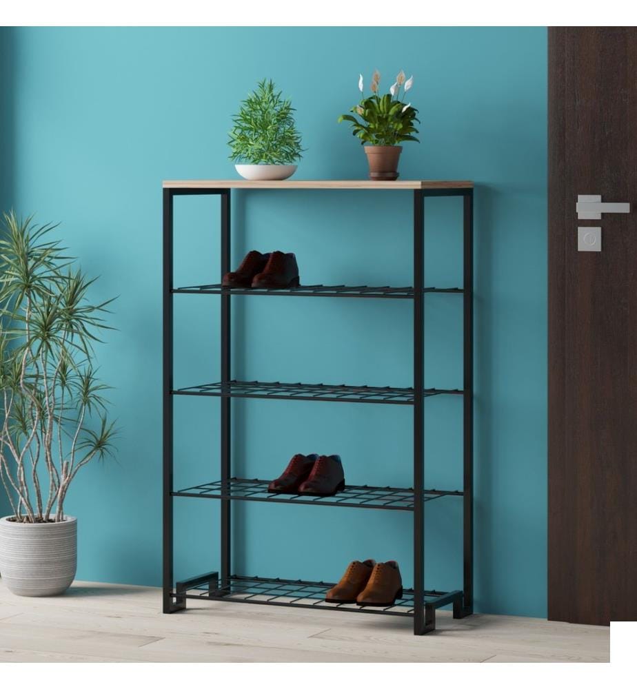Meuble à chaussures, pin atlantique, noir, panneau de particules recouvert de 100% de mélamine, cadre : 100% métal
