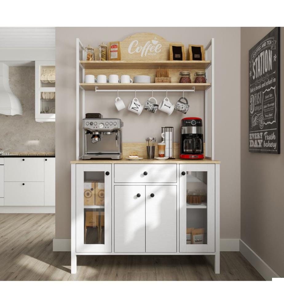 Meuble bar à café, bois, blanc, 100% panneau de particules recouvert de mélamine