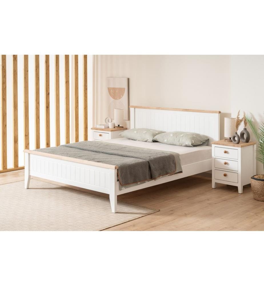 Lit double, blanc, chêne, 100% MDF peint à la laque