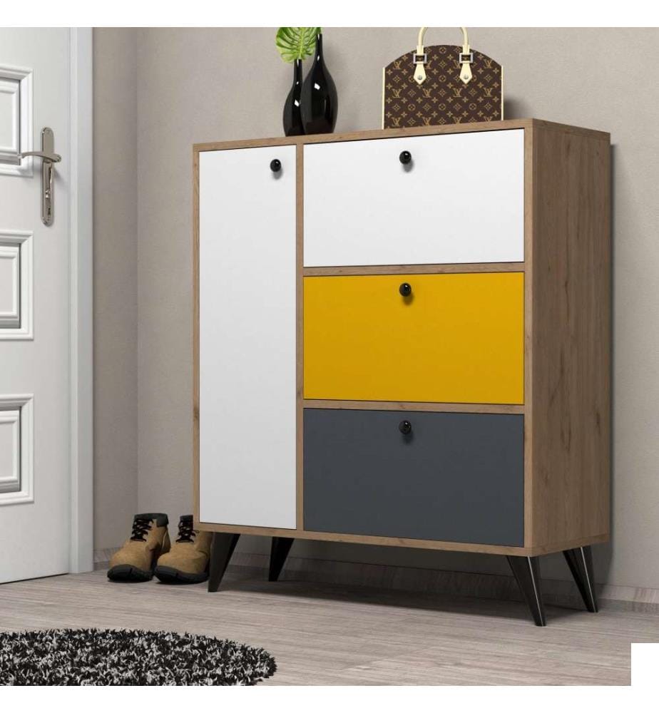 Meuble à chaussures, chêne blanc jaune anthracite, panneau de particules mélaminé