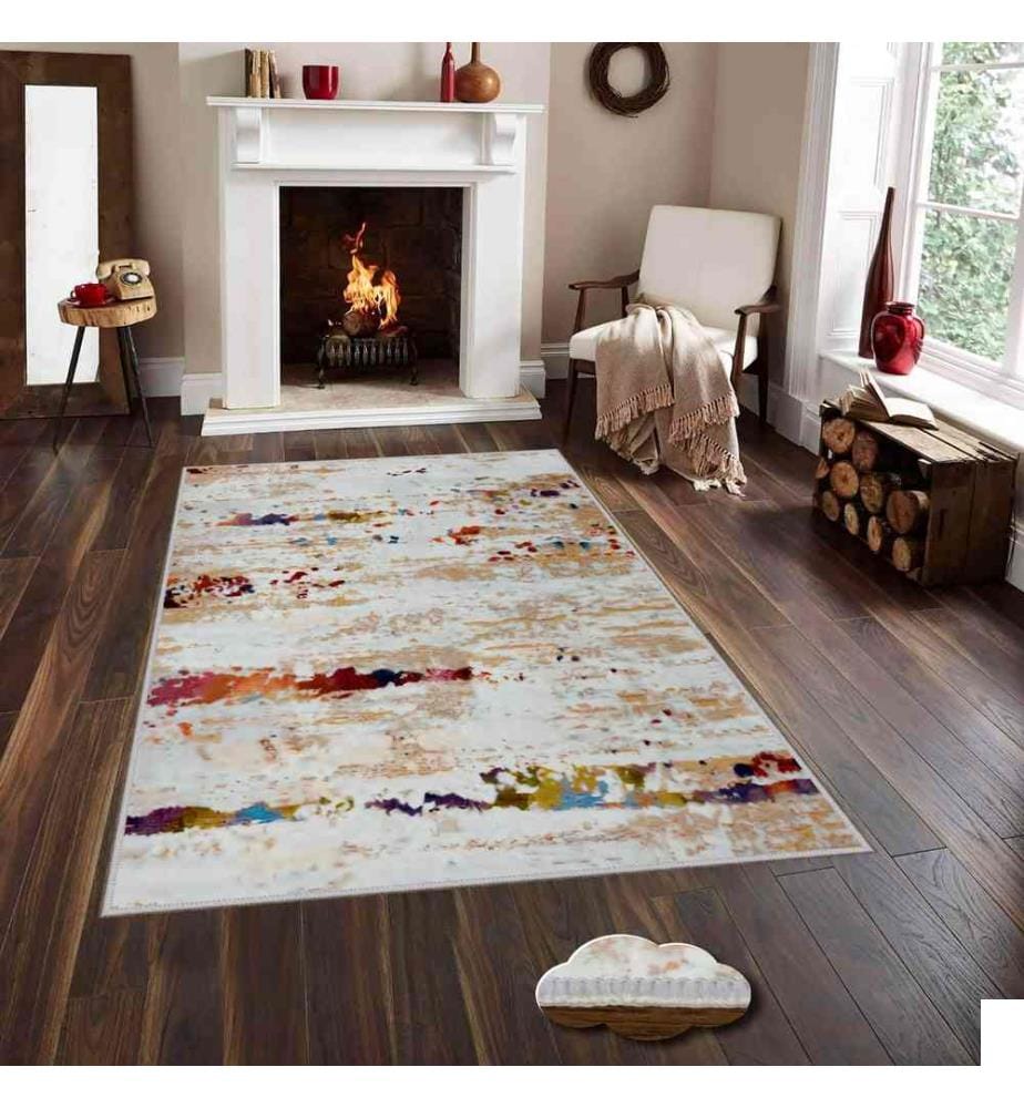 Tapis, crème, beige, rouge bordeaux, bleu, marron, 100% polyester, 80 x 150 cm