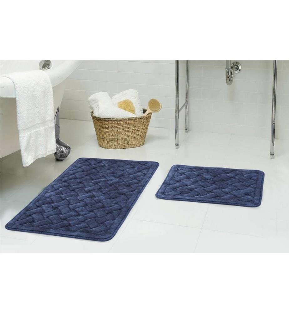 Set de tapis de bain, 2 pièces, bleu foncé, 100% coton, dessous antidérapant