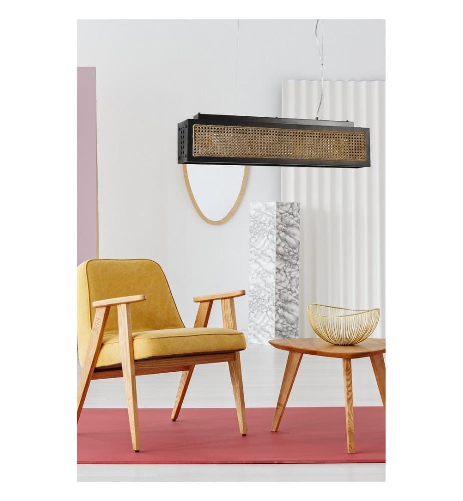 Lustre, rotin, noir, corps en bois de fir, chapeau en rotin naturel
