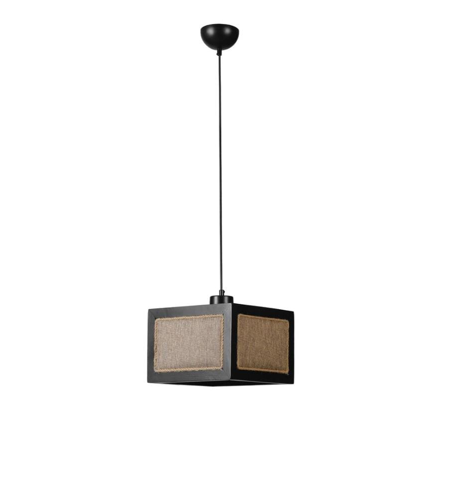 Lustre, noir, rotin, corps en bois de fir, capuchon en tissu naturel