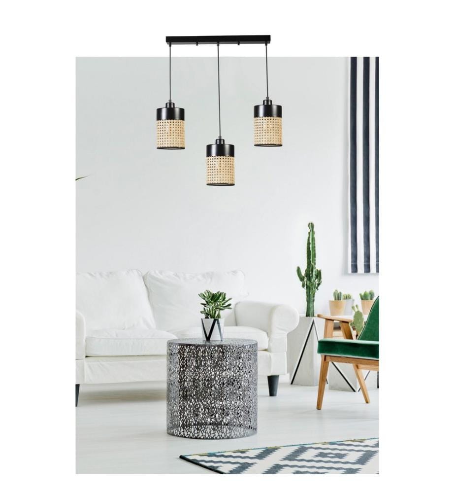 Lustre, Rotin, Noir, Corps en métal, Chapeau en rotin naturel