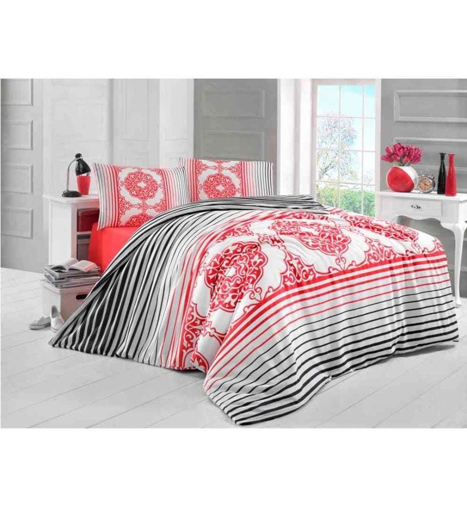Ensemble de housses de couette simples, blanc rouge noir gris, 65% coton - 35% polyester
