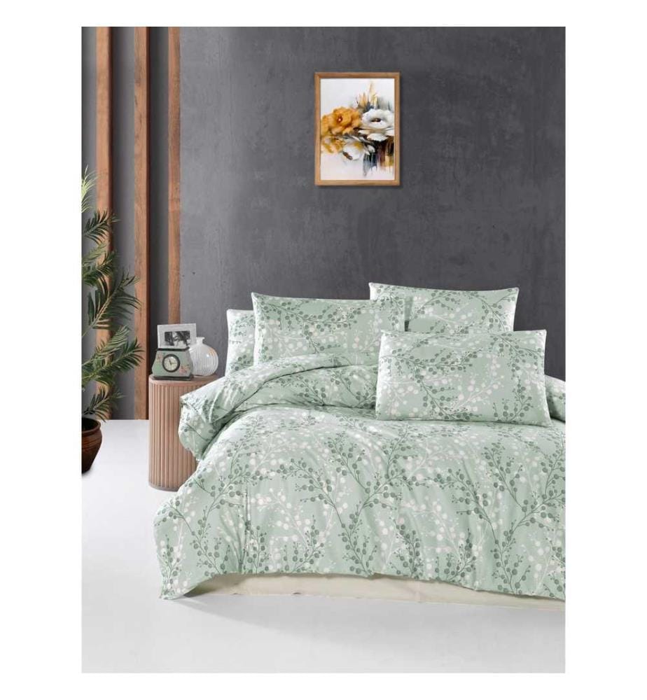 Ranforce King Quilt Cover Set, Green, White, 100% Cotton Ranforce
