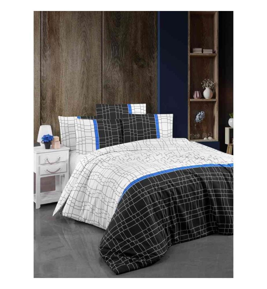 Super King Quilt Cover Set, White, Black, Blue, 65% Cotton - 35% Polyester