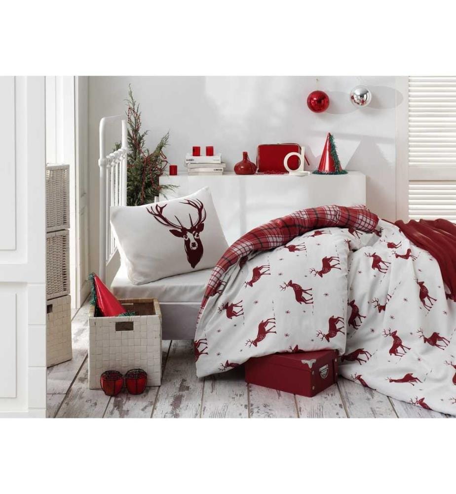 Ensemble de housses de couette simples, Claret Red White, 65% coton - 35% polyester