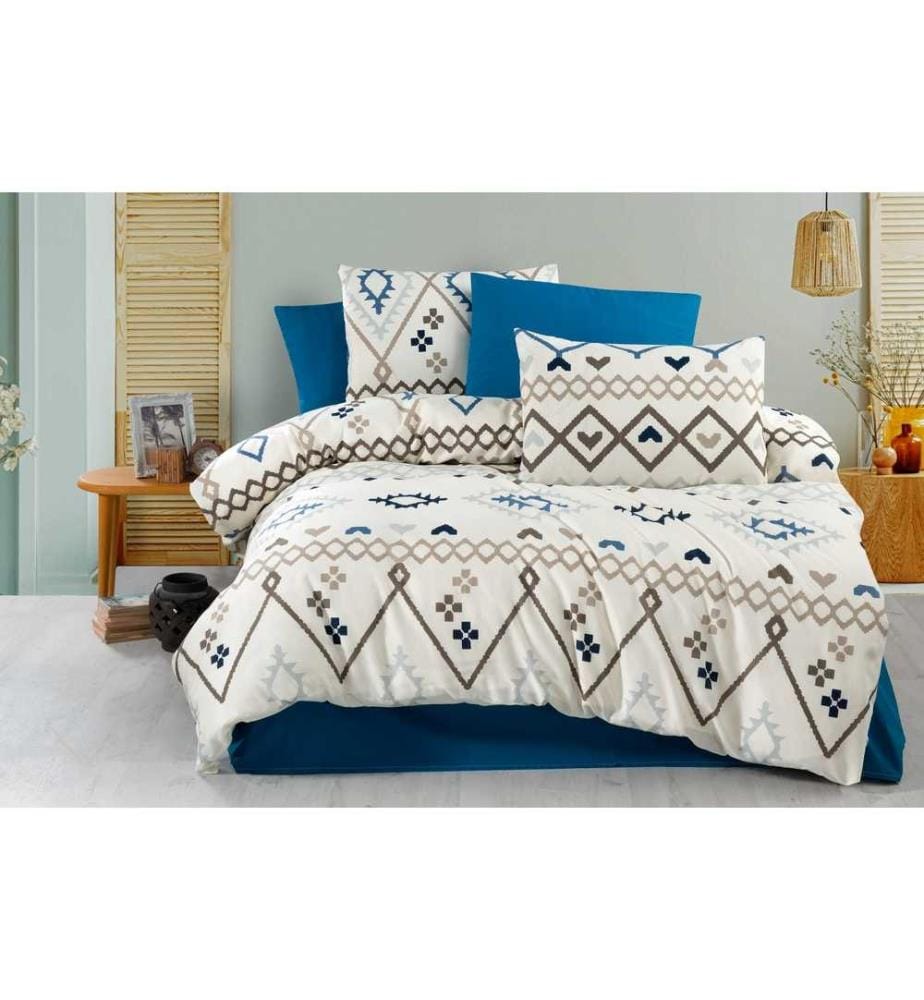Housse de couette simple, Bleu, Marron, Crème, 50% Coton - 50% Polyester