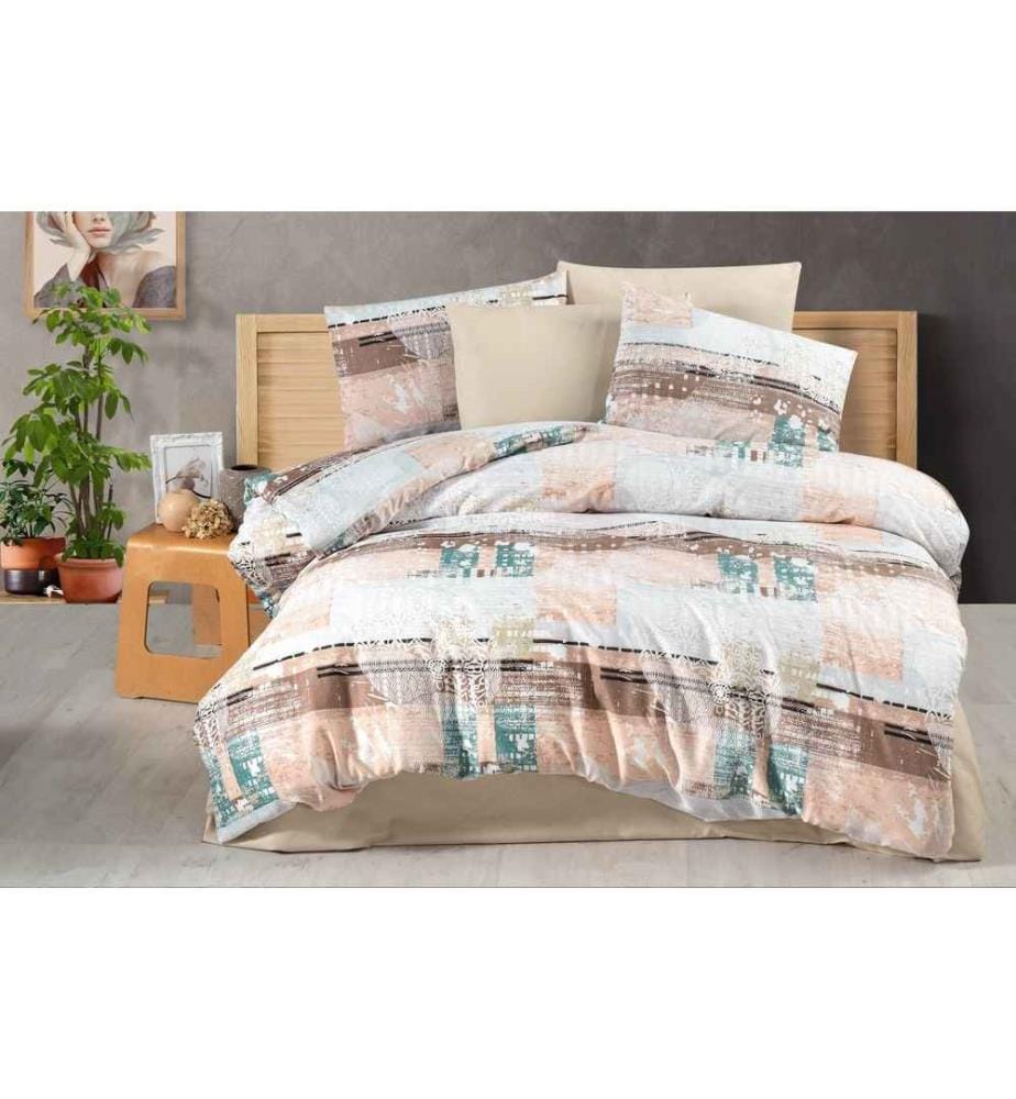 Housse de couette simple, Crème, Marron, Vert, Saumon, 50% Coton - 50% Polyester