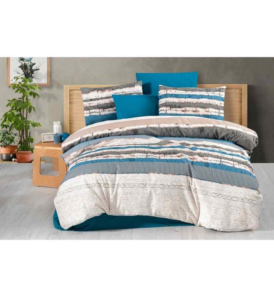 Housse de couette King, Bleu, Crème, Gris, 50% Coton - 50% Polyester