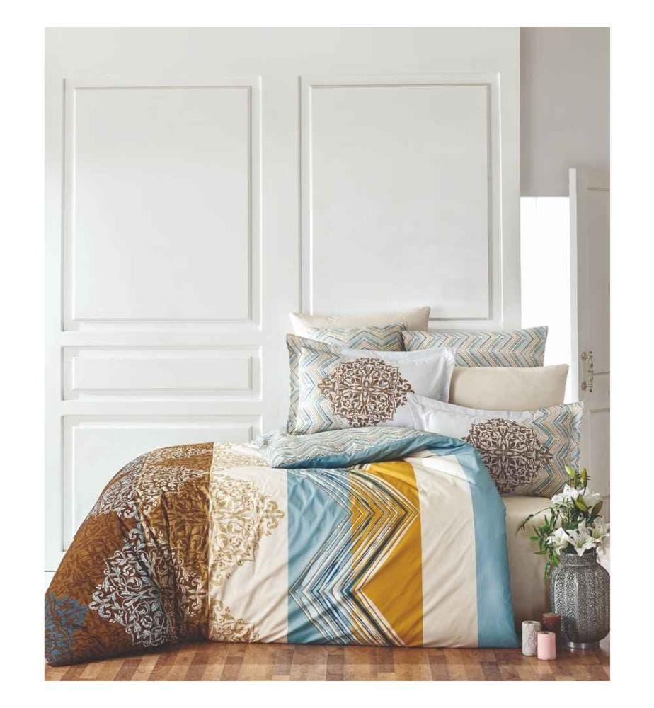 Ranforce King Quilt Cover Set, White Brown Blue Mustard, Cotton Ranforce