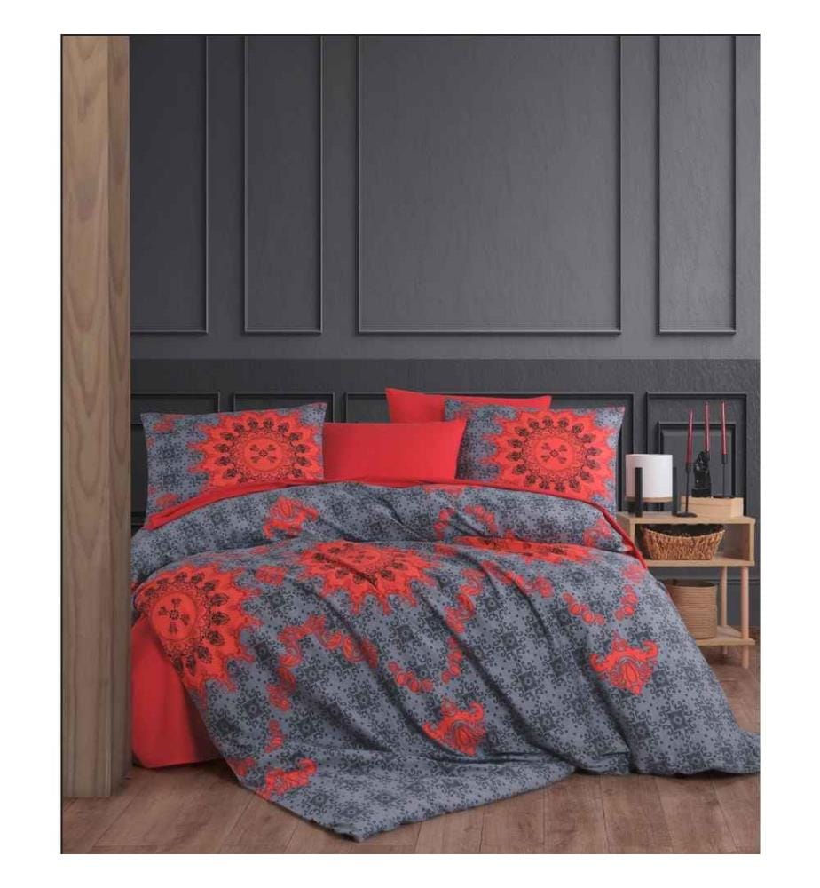 Housse de couette simple, rouge, anthracite, 50% coton - 50% polyester