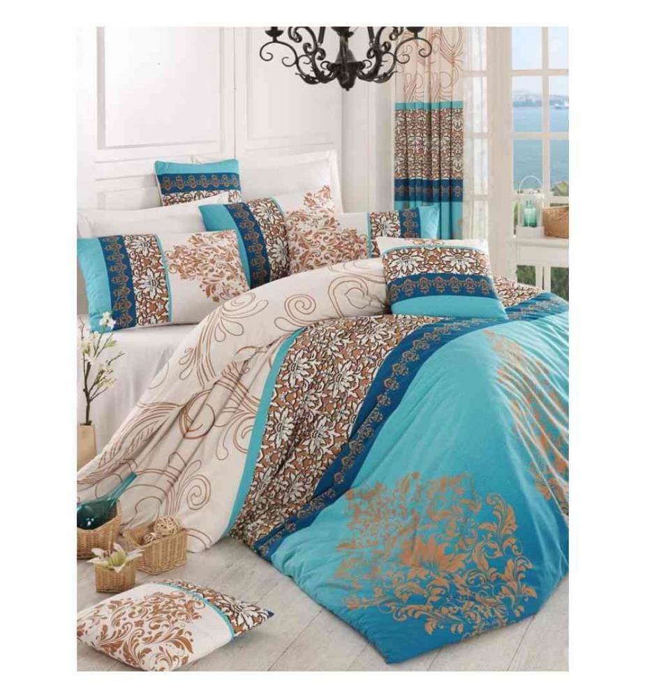 Ranforce Super King Quilt Cover Set, Turquoise Ecru Blue Brown, Cotton Ranforce