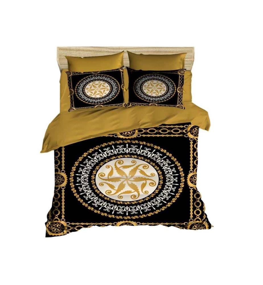 King Quilt Cover Set, Black Gold White, Polyester Microsatin Upper Side Of Duvet Cover & Pillowcase, Cotton Underder Of Duvet Cover & Pillowcase