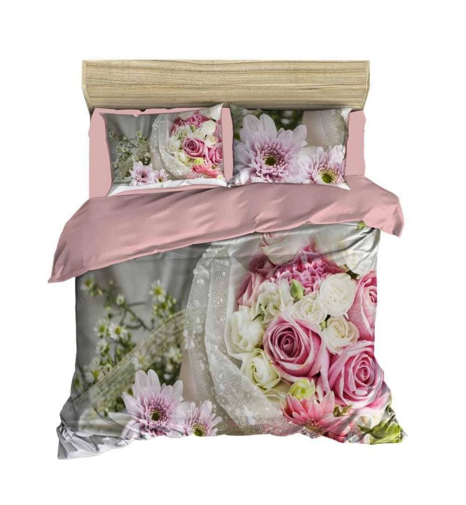 King Quilt Cover Set, Pink Green White, Polyester Microsatin Upper Side Of Duvet Cover & Pillowcase, Cotton Underder Of Duvet Cover & Pillowcase