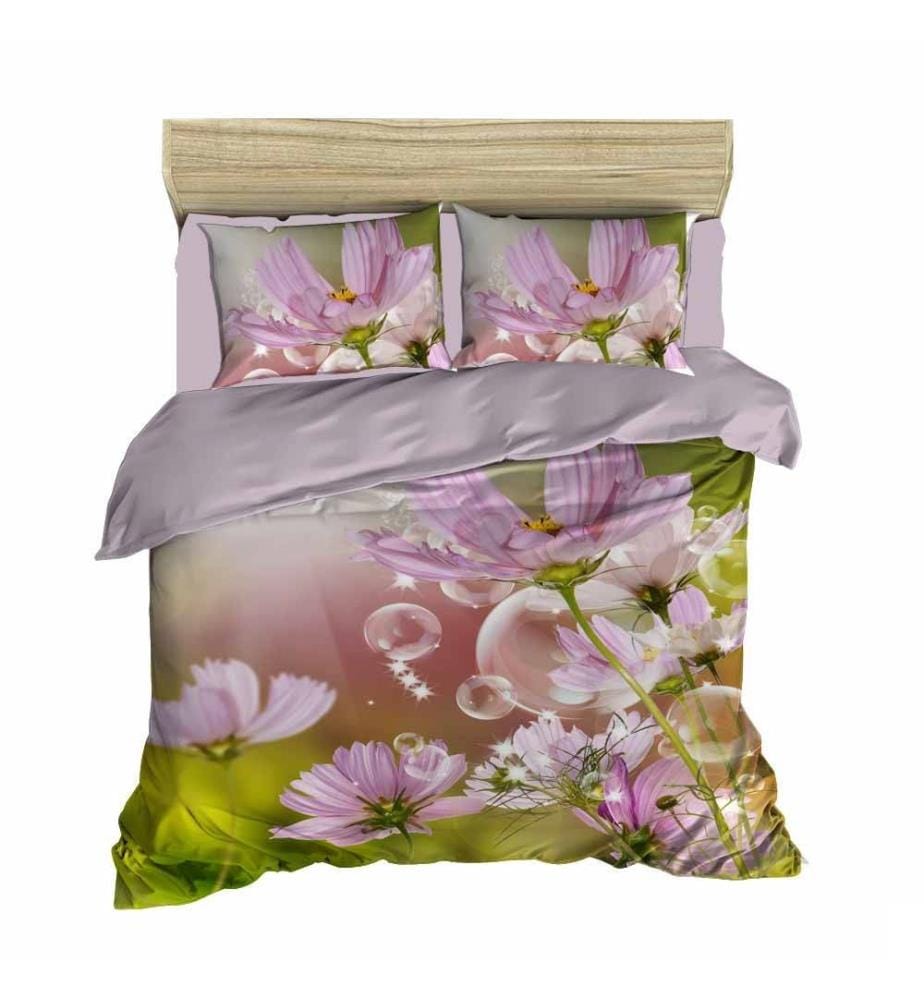 King Quilt Cover Set, Green Lilac White, Polyester Microsatin Upper Side Of Duvet Cover & Pillowcase, Cotton Underside Of Duvet Cover & Pillowcase