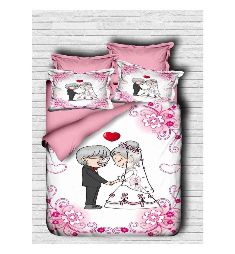 King Quilt Cover Set, Pink White, Polyester Microsatin Upper Side Of Duvet Cover & Pillowcase, Cotton Underder Of Duvet Cover & Pillowcase
