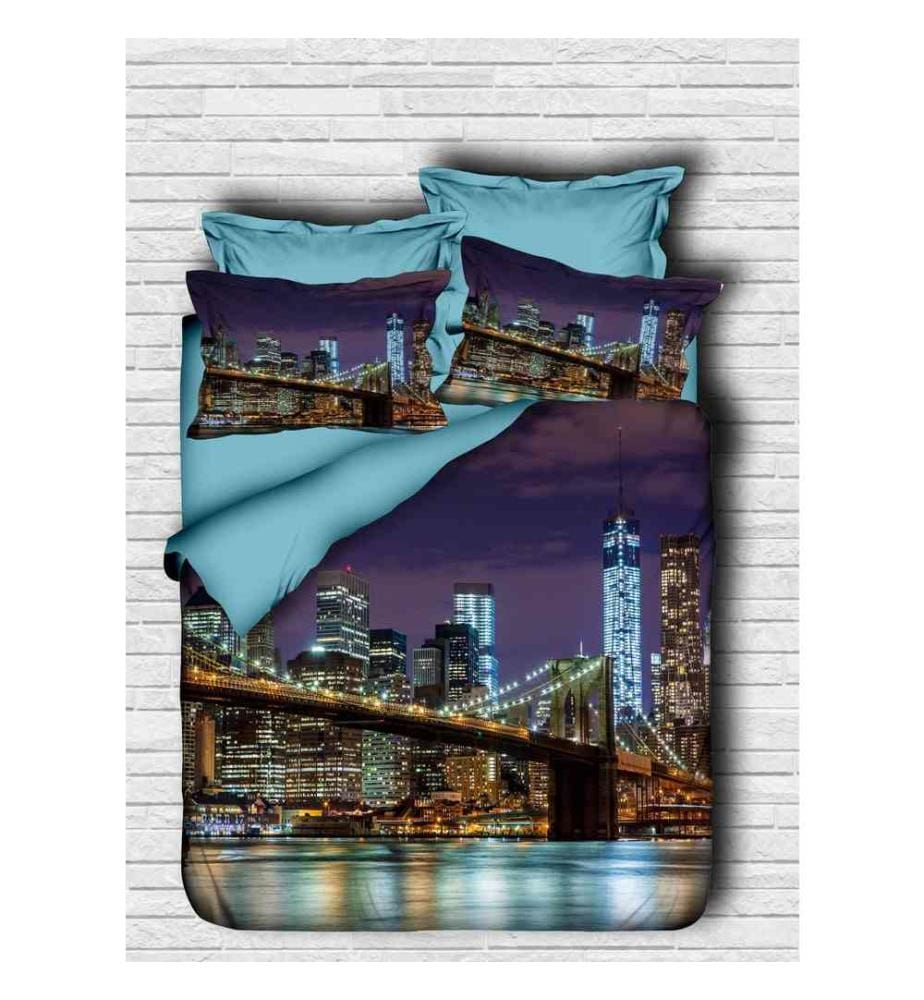 King Quilt Cover Set, Dark Blue Blue Brown, Polyester Microsatin Upper Side Of Duvet Cover & Pillowcase, Cotton Underside Of Duvet Cover & Pillowcase