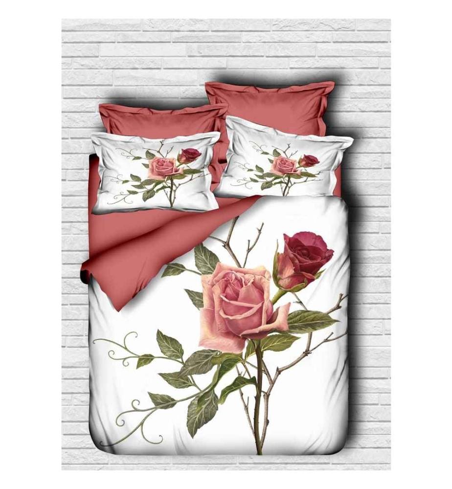 King Quilt Cover Set, Rose White Green, Polyester Microsatin Upper Side Of Duvet Cover & Pillowcase, Cotton Underder Of Duvet Cover & Pillowcase