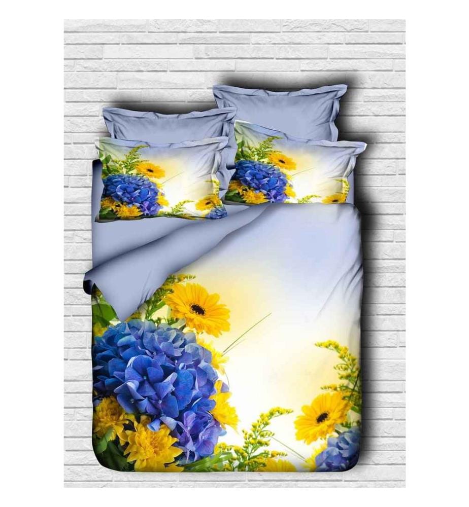 King Quilt Cover Set, Blue Yellow Green, Polyester Microsatin Upper Side Of Duvet Cover & Pillowcase, Cotton Underder Of Duvet Cover & Pillowcase