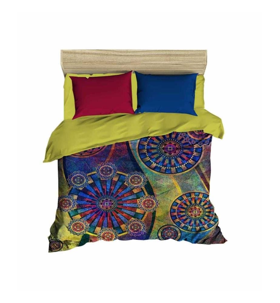 King Quilt Cover Set, Dark Blue Maroon Yellow, Polyester Microsatin Upper Side Of Duvet Cover & Pillowcase, Cotton Underside Of Duvet Cover & Pillowcase
