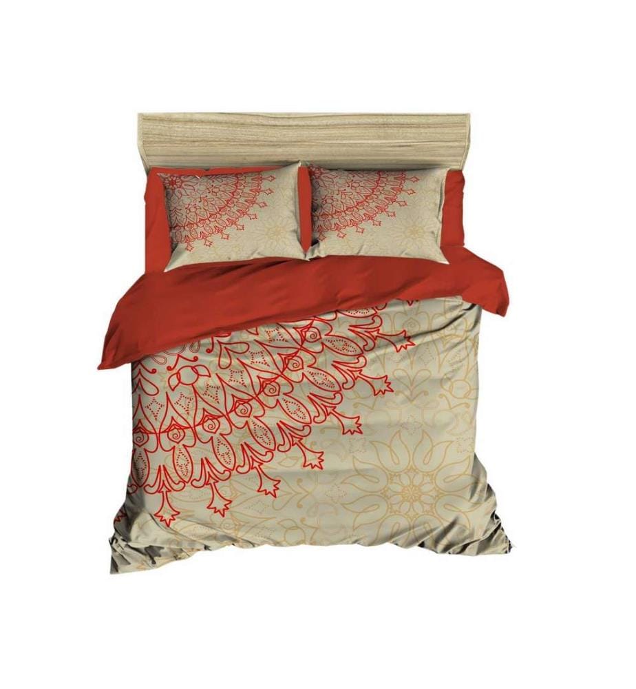 King Quilt Cover Set, Red Gold Beige, Polyester Microsatin Upper Side Of Duvet Cover & Pillowcase, Cotton Underder Of Duvet Cover & Pillowcase