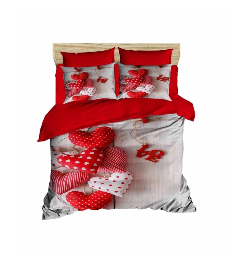 King Quilt Cover Set, White Red, Polyester Microsatin Upper Side Of Duvet Cover & Pillowcase, Cotton Underder Of Duvet Cover & Pillowcase