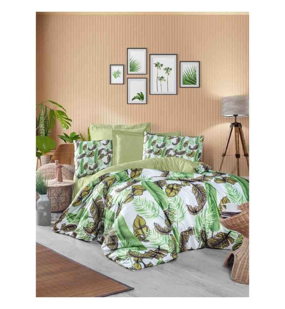 King Quilt Cover Set, Green, White, Upper Side Of Duvet Cover & Pillowcase : 100% Polyester Microsatin, Dessous de la housse de couette et de la taie d'oreiller : 100% coton