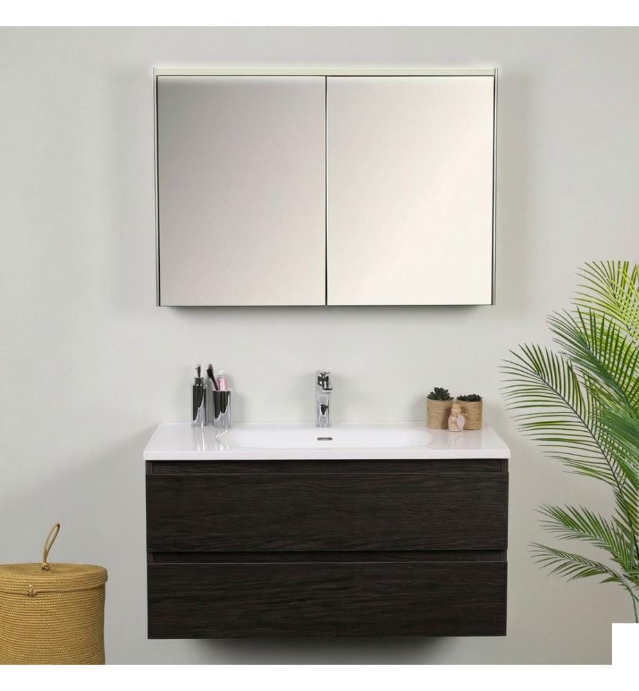 Meuble de salle de bain avec lavabo et miroir, ensemble 2 pièces, panneau de particules 100 % mélaminé, noir et blanc