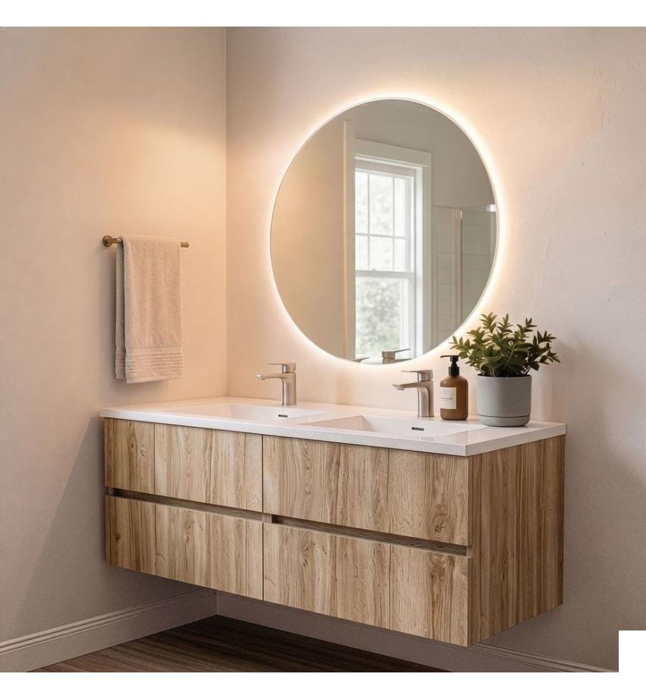 Ensemble meuble de salle de bain avec lavabo et miroir, 2 pièces, panneaux de particules 100 % mélaminés, noyer clair