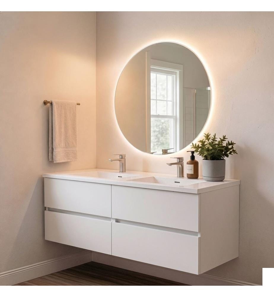 Meuble de salle de bain avec lavabo et miroir, ensemble 2 pièces, panneau de particules 100 % mélaminé, blanc
