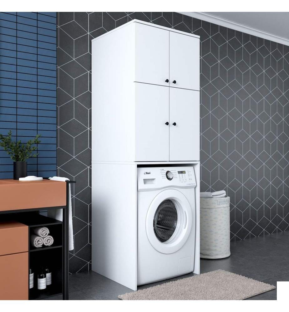 Meuble pour machine à laver, en panneaux de particules mélaminés de qualité E1, blanc.