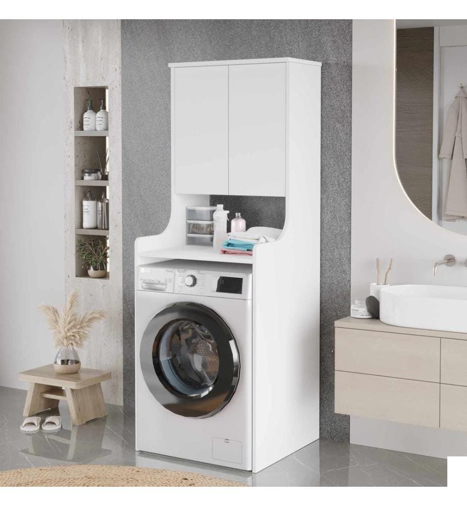 Meuble pour machine à laver, panneau de particules 100 % mélaminé, blanc