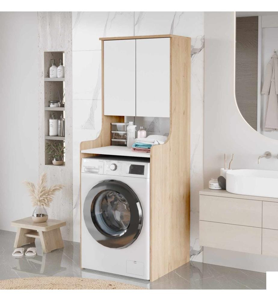 Meuble pour machine à laver, panneau de particules 100 % mélaminé, naturel, blanc
