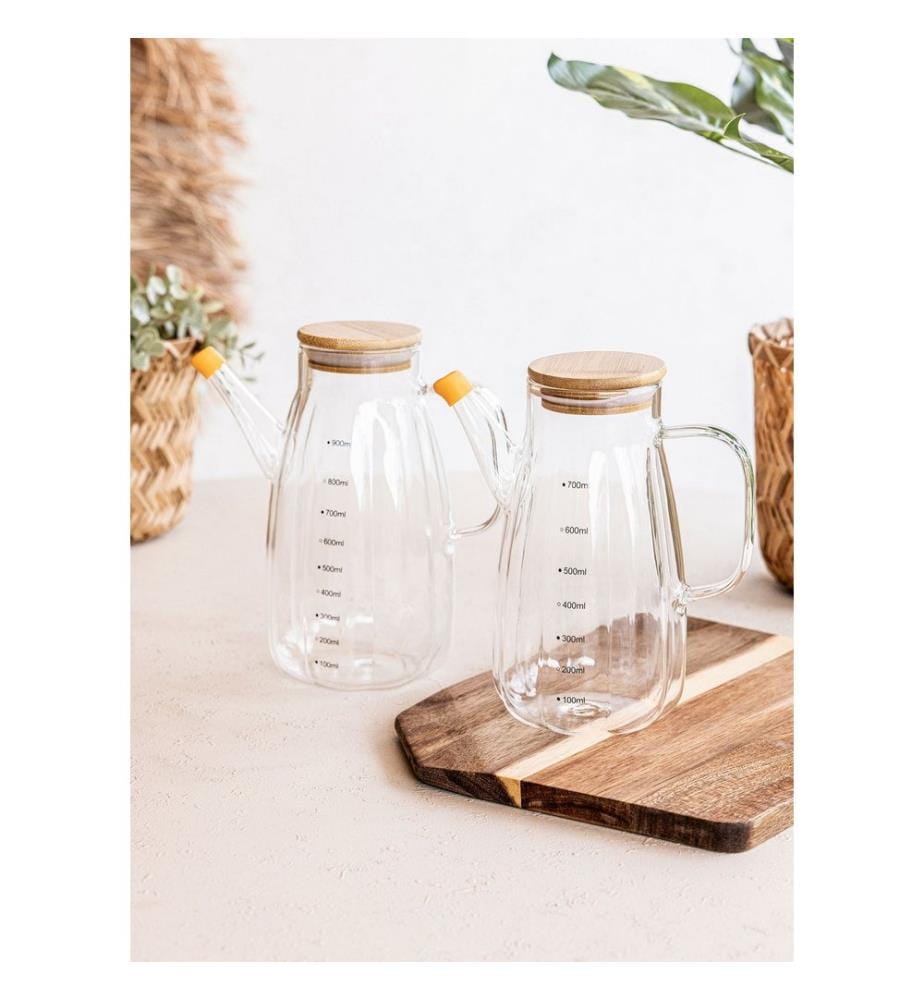 Distributeur d'huile, transparent, 100 % VERRE, couvercle en bambou