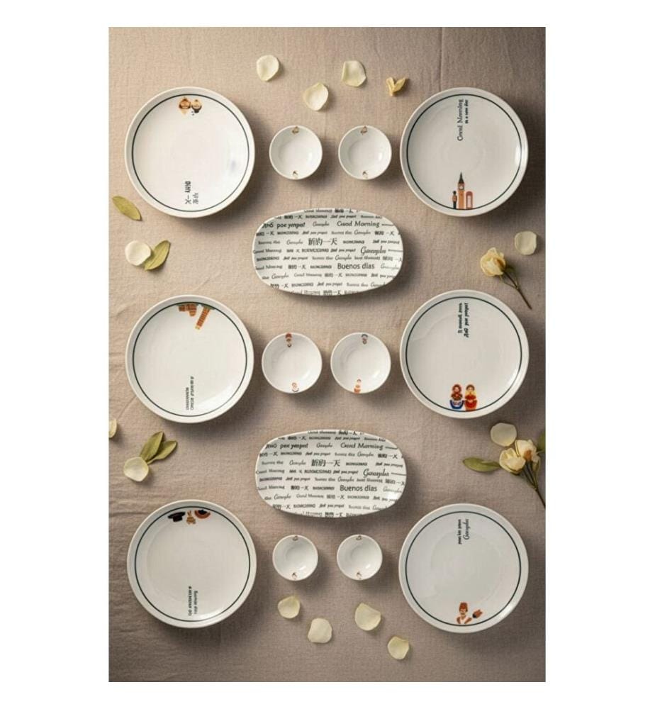 Service à petit-déjeuner, 14 pièces, noir et blanc, 100 % porcelaine