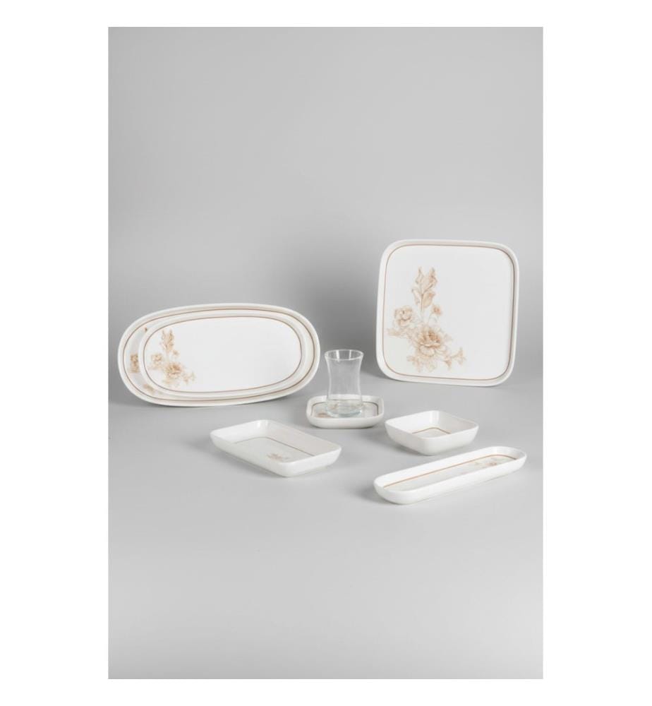 Service à petit-déjeuner, 29 pièces, blanc, marron, 100 % porcelaine