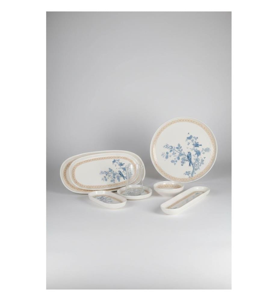 Service à petit-déjeuner, 29 pièces, blanc, bleu, 100 % porcelaine