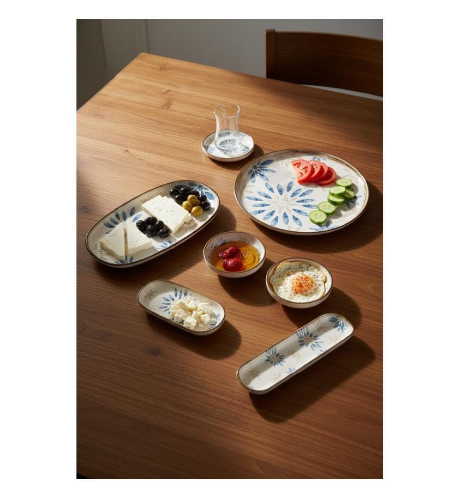 Service à petit-déjeuner, 29 pièces, blanc, crème, marron, bleu, 100 % porcelaine